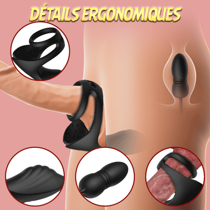 Masseur prostatique avec 9 niveaux de choc et de vibration, stimulateur testiculaire et anneau pénien